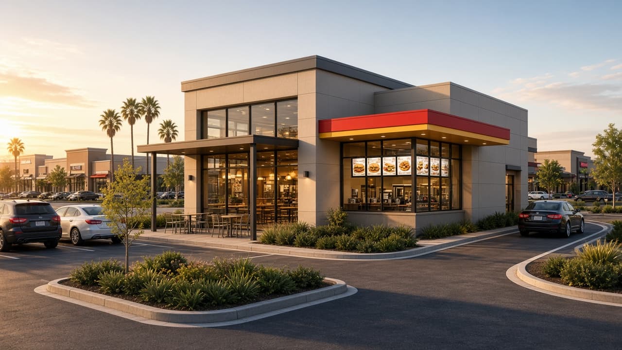 Architectural rendering of a freestanding fast-food restaurant at a retail center